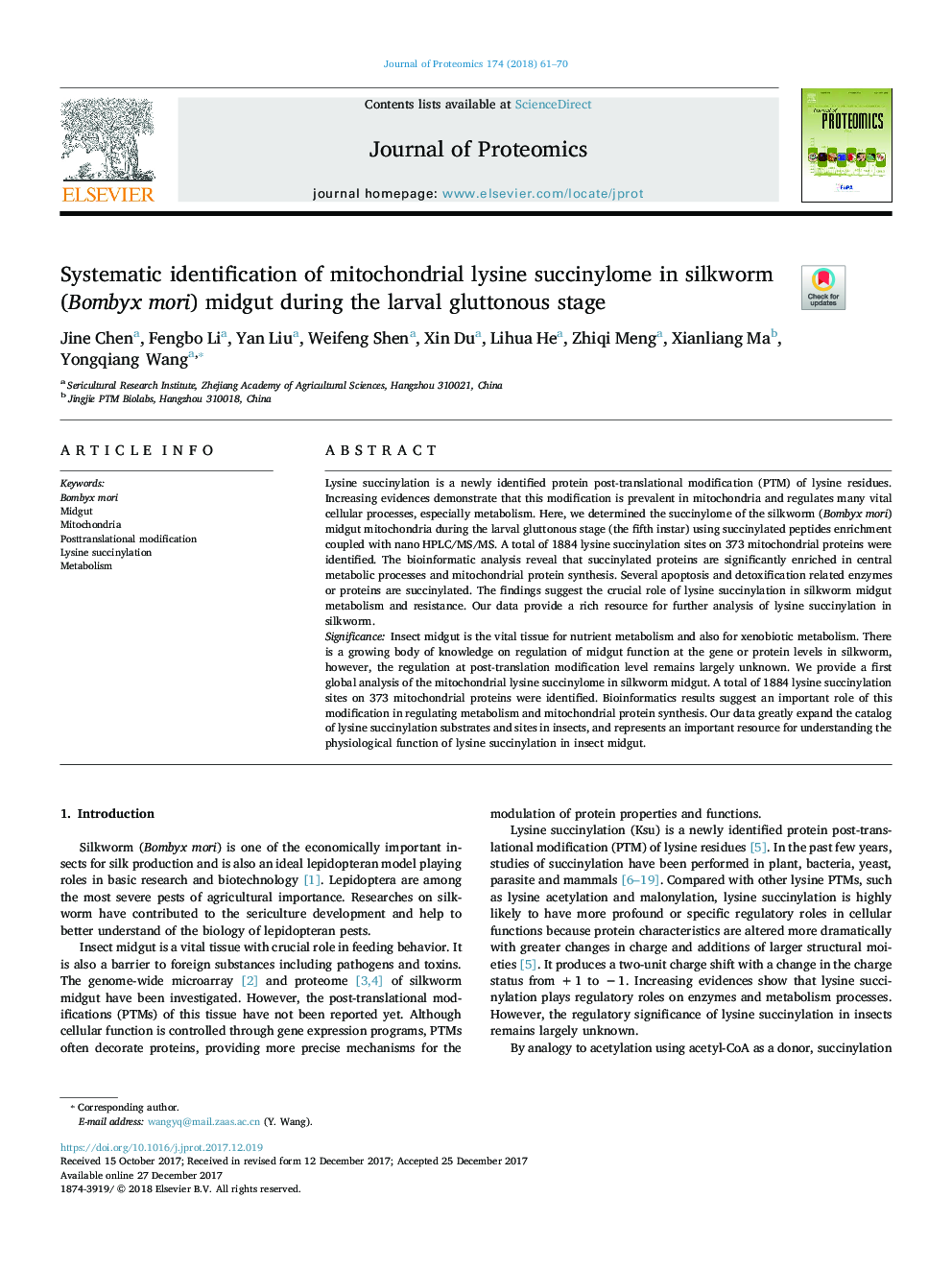 Systematic identification of mitochondrial lysine succinylome in silkworm (Bombyx mori) midgut during the larval gluttonous stage