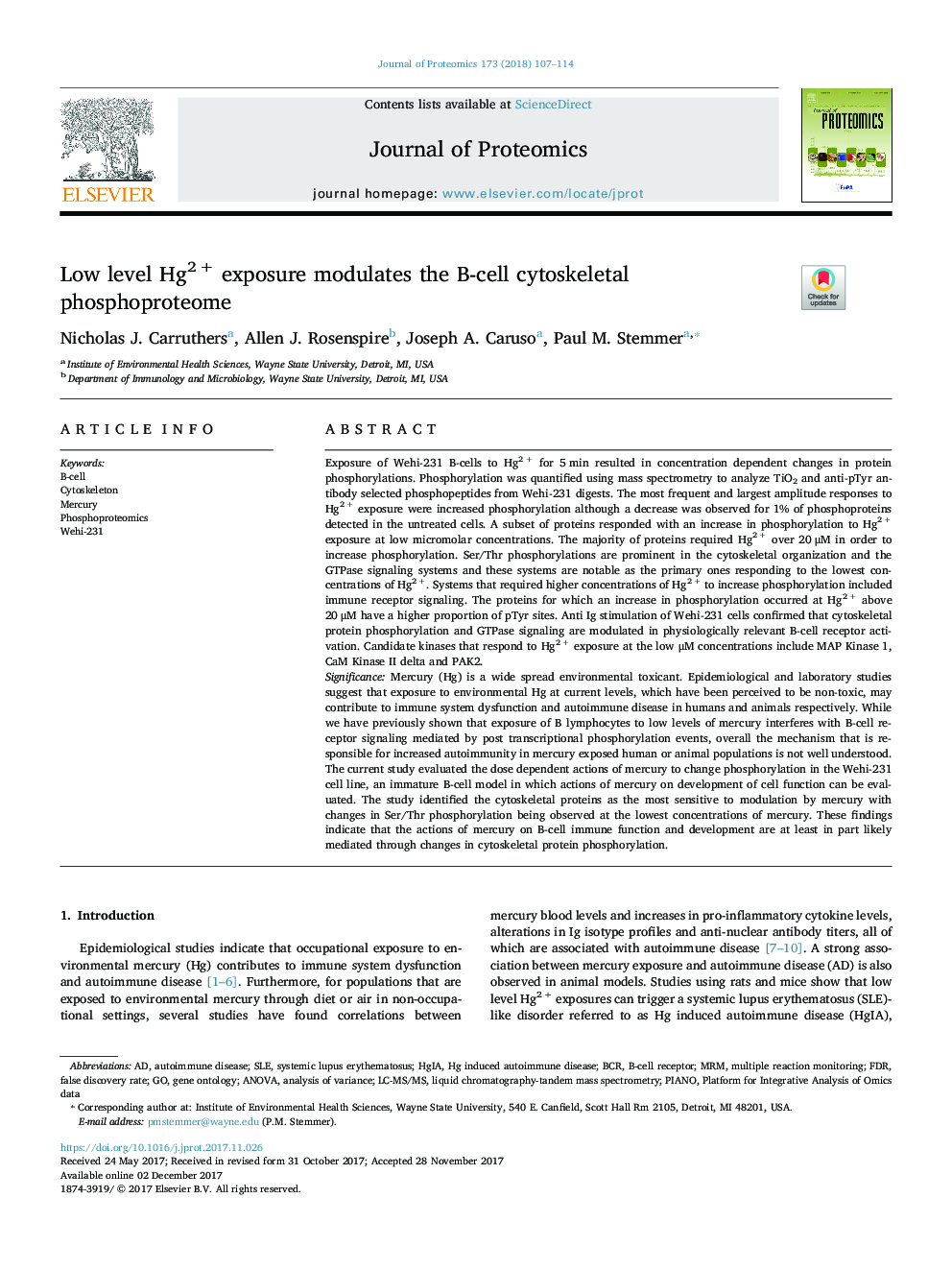 عکس صفحه اول مقاله: Low level Hg2Â + exposure modulates the B-cell cytoskeletal phosphoproteome Low level Hg2Â + exposure modulates the B-cell cytoskeletal phosphoproteome