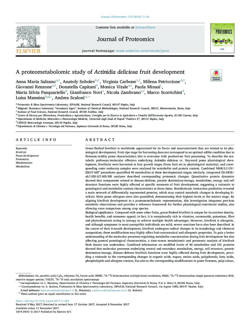 A proteometabolomic study of Actinidia deliciosa fruit development