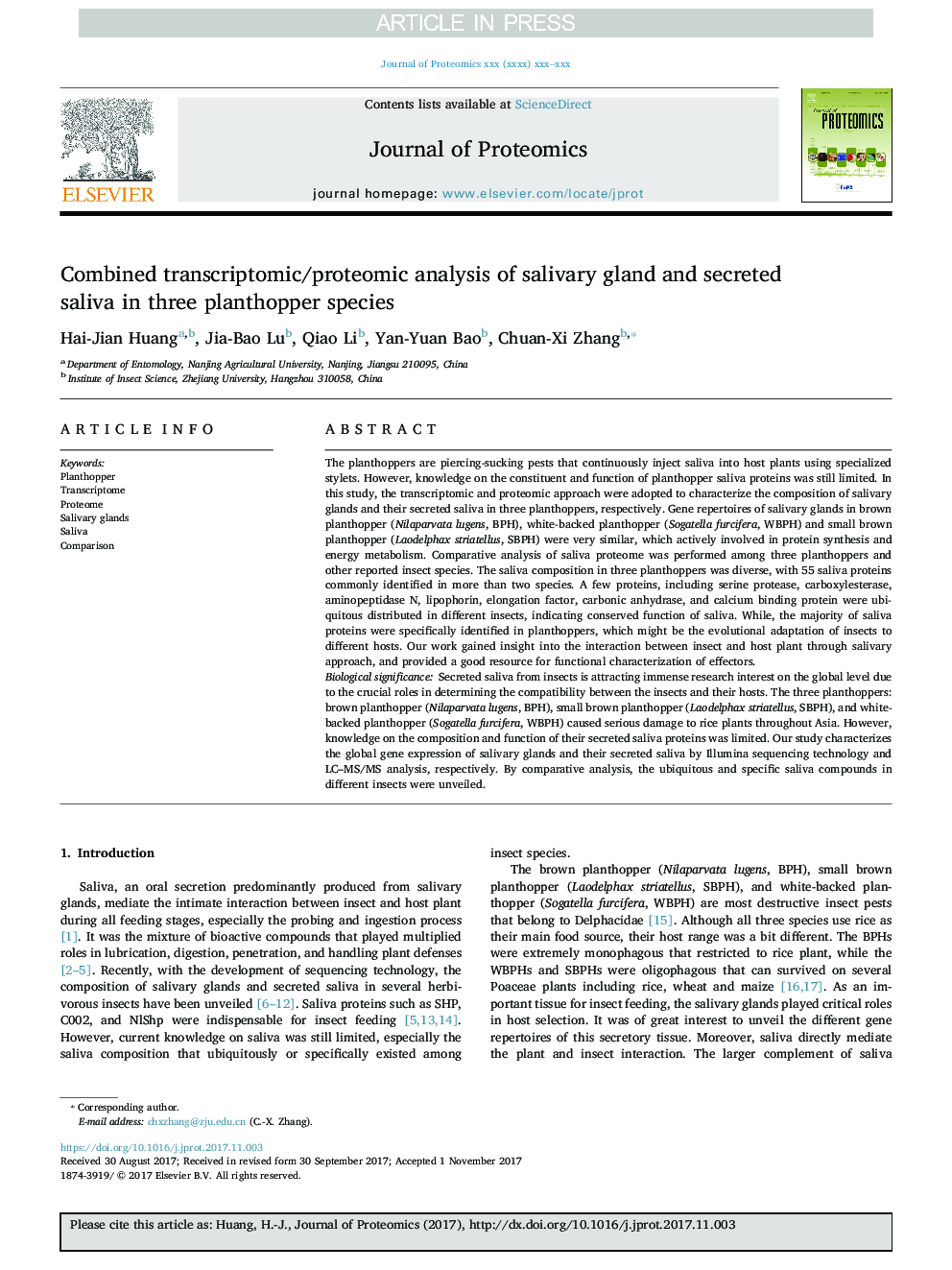 Combined transcriptomic/proteomic analysis of salivary gland and secreted saliva in three planthopper species