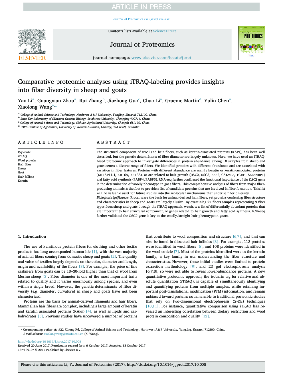 Comparative proteomic analyses using iTRAQ-labeling provides insights into fiber diversity in sheep and goats