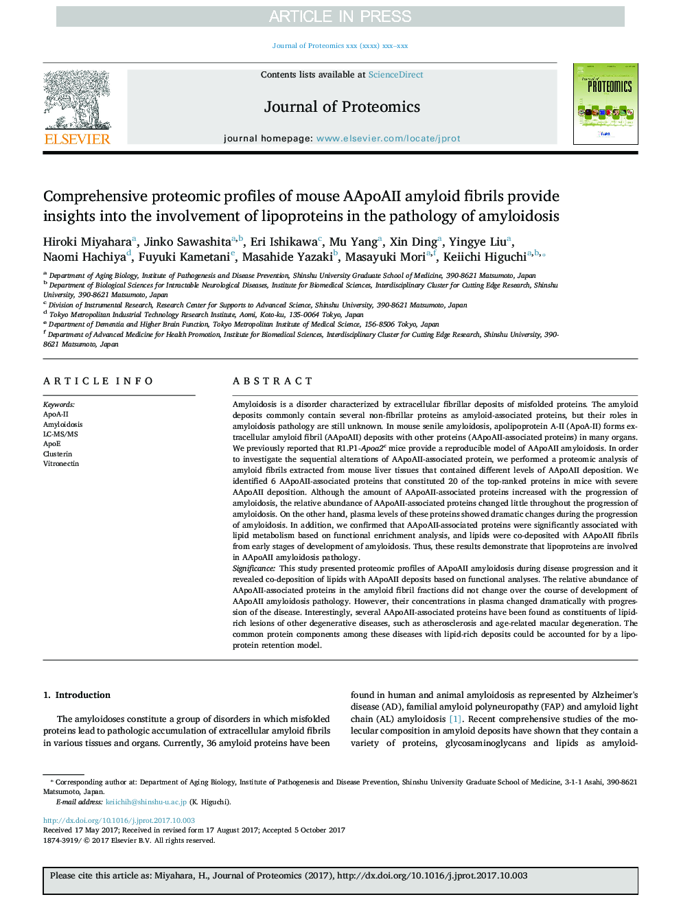 Comprehensive proteomic profiles of mouse AApoAII amyloid fibrils provide insights into the involvement of lipoproteins in the pathology of amyloidosis