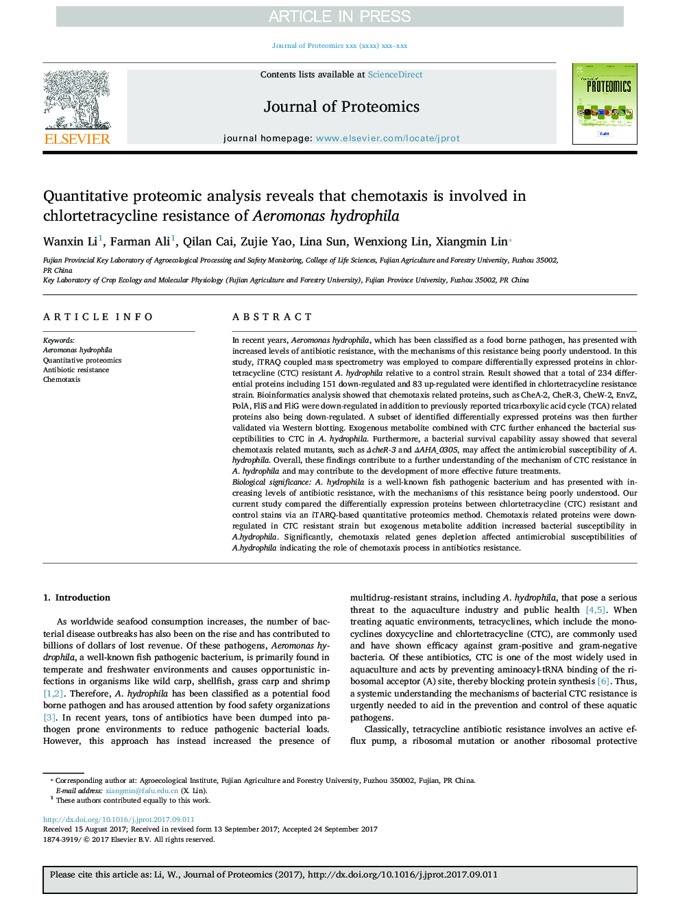 Quantitative proteomic analysis reveals that chemotaxis is involved in chlortetracycline resistance of Aeromonas hydrophila