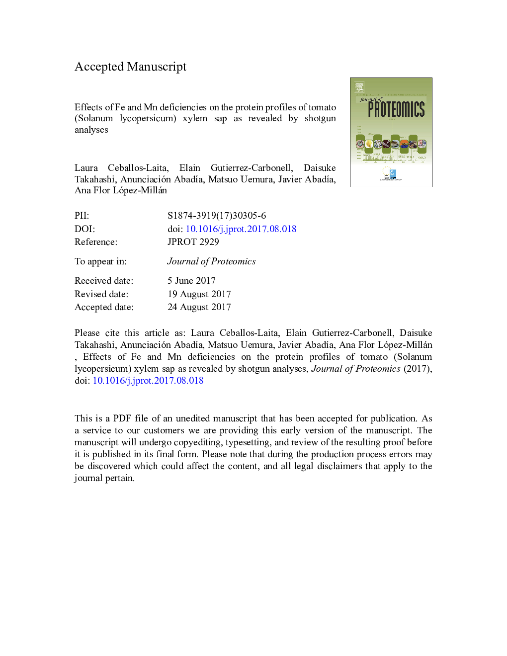 Effects of Fe and Mn deficiencies on the protein profiles of tomato (Solanum lycopersicum) xylem sap as revealed by shotgun analyses