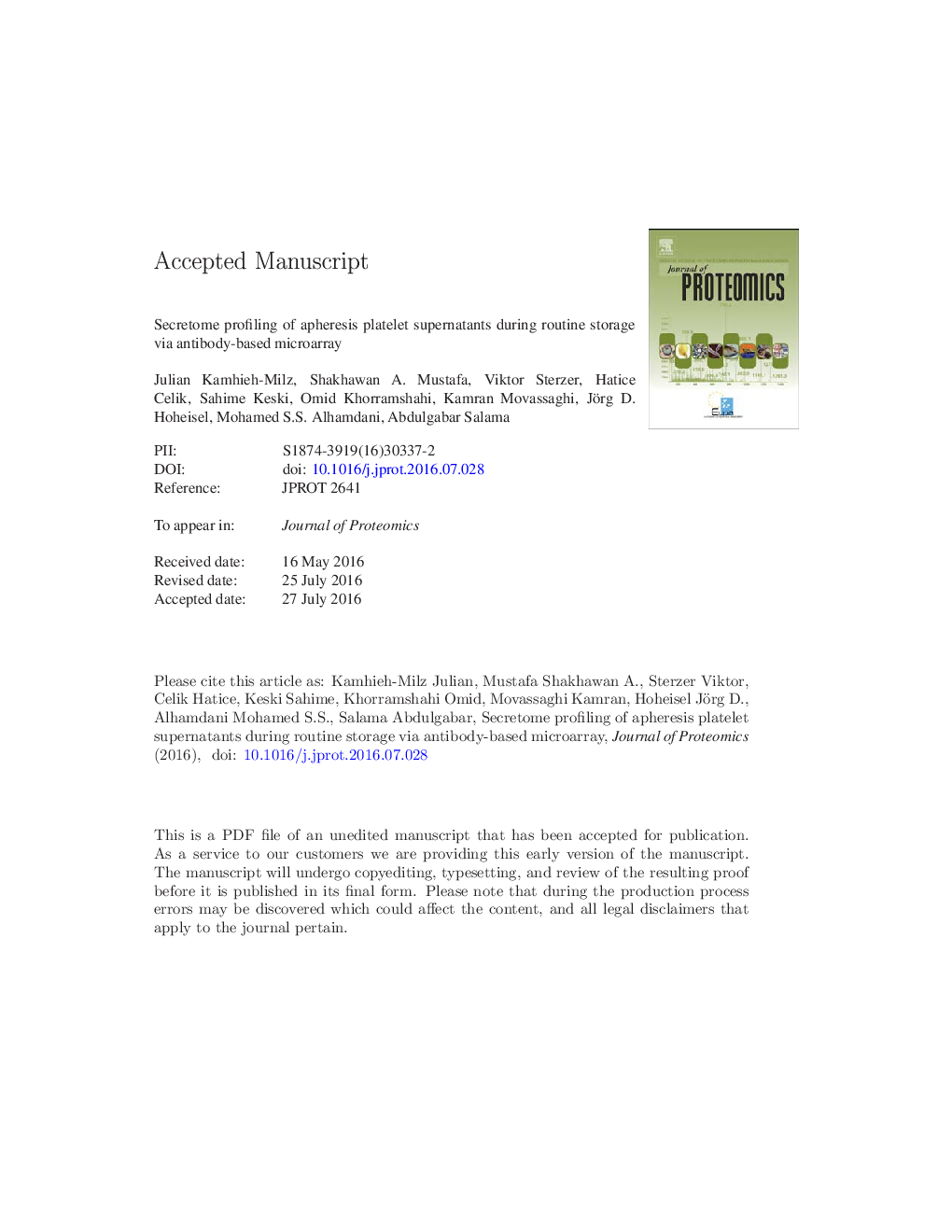 Secretome profiling of apheresis platelet supernatants during routine storage via antibody-based microarray