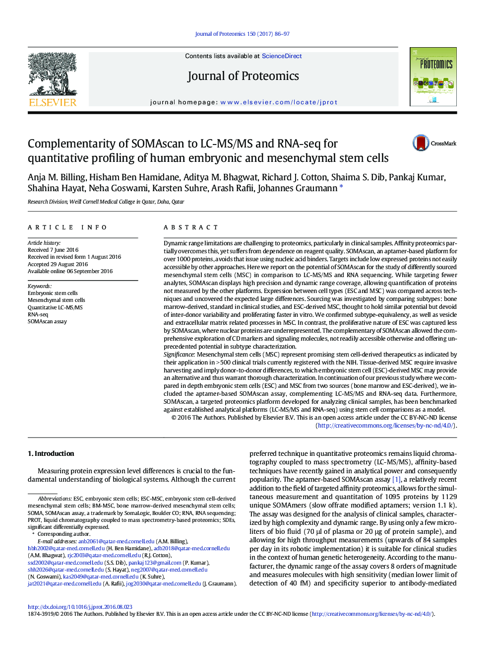 Complementarity of SOMAscan to LC-MS/MS and RNA-seq for quantitative profiling of human embryonic and mesenchymal stem cells