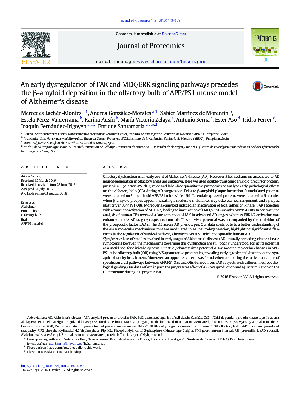 An early dysregulation of FAK and MEK/ERK signaling pathways precedes the Î²-amyloid deposition in the olfactory bulb of APP/PS1 mouse model of Alzheimer's disease