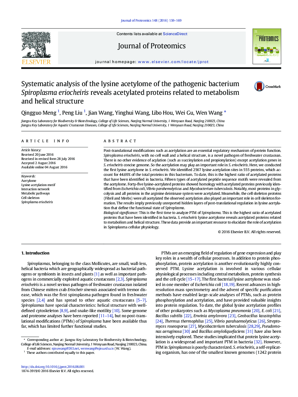 Systematic analysis of the lysine acetylome of the pathogenic bacterium Spiroplasma eriocheiris reveals acetylated proteins related to metabolism and helical structure