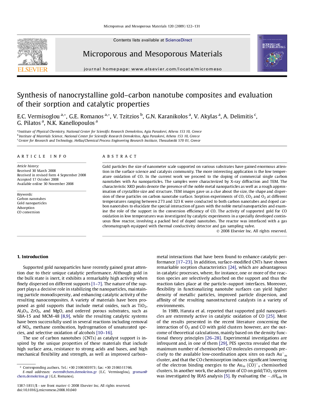 Synthesis of nanocrystalline gold–carbon nanotube composites and evaluation of their sorption and catalytic properties