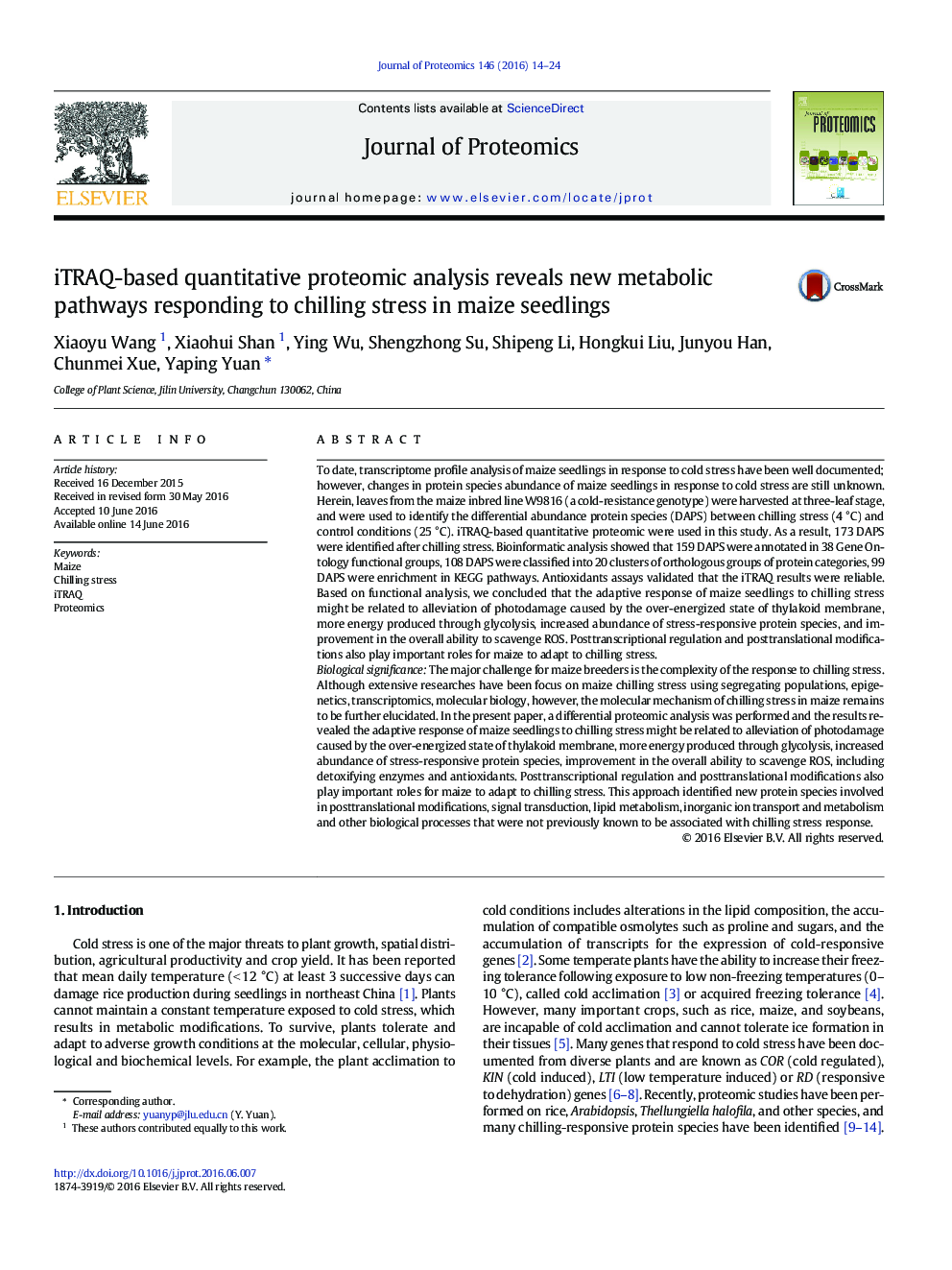 iTRAQ-based quantitative proteomic analysis reveals new metabolic pathways responding to chilling stress in maize seedlings