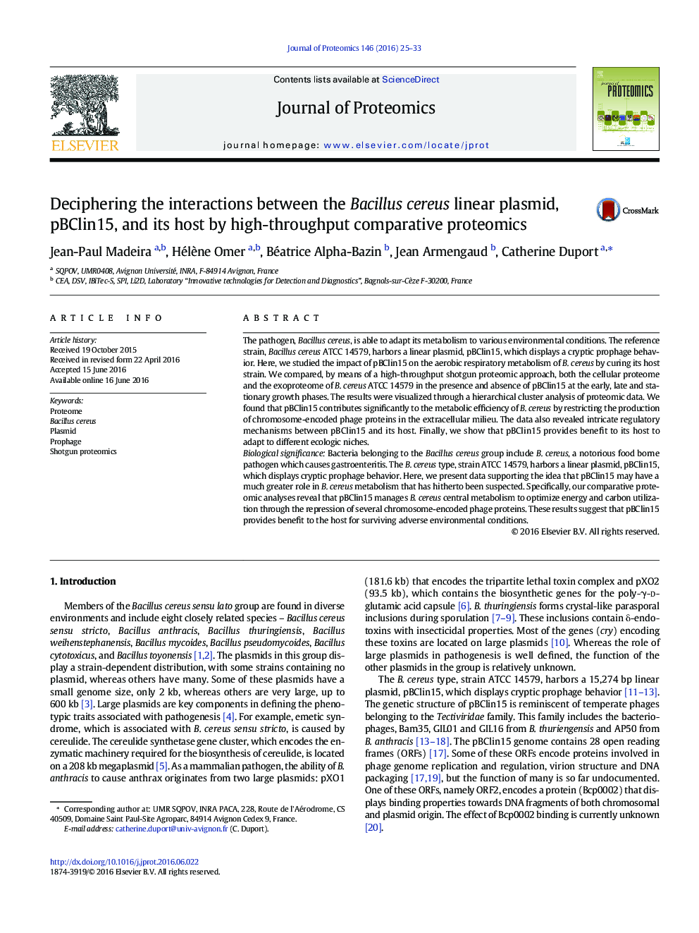 Deciphering the interactions between the Bacillus cereus linear plasmid, pBClin15, and its host by high-throughput comparative proteomics