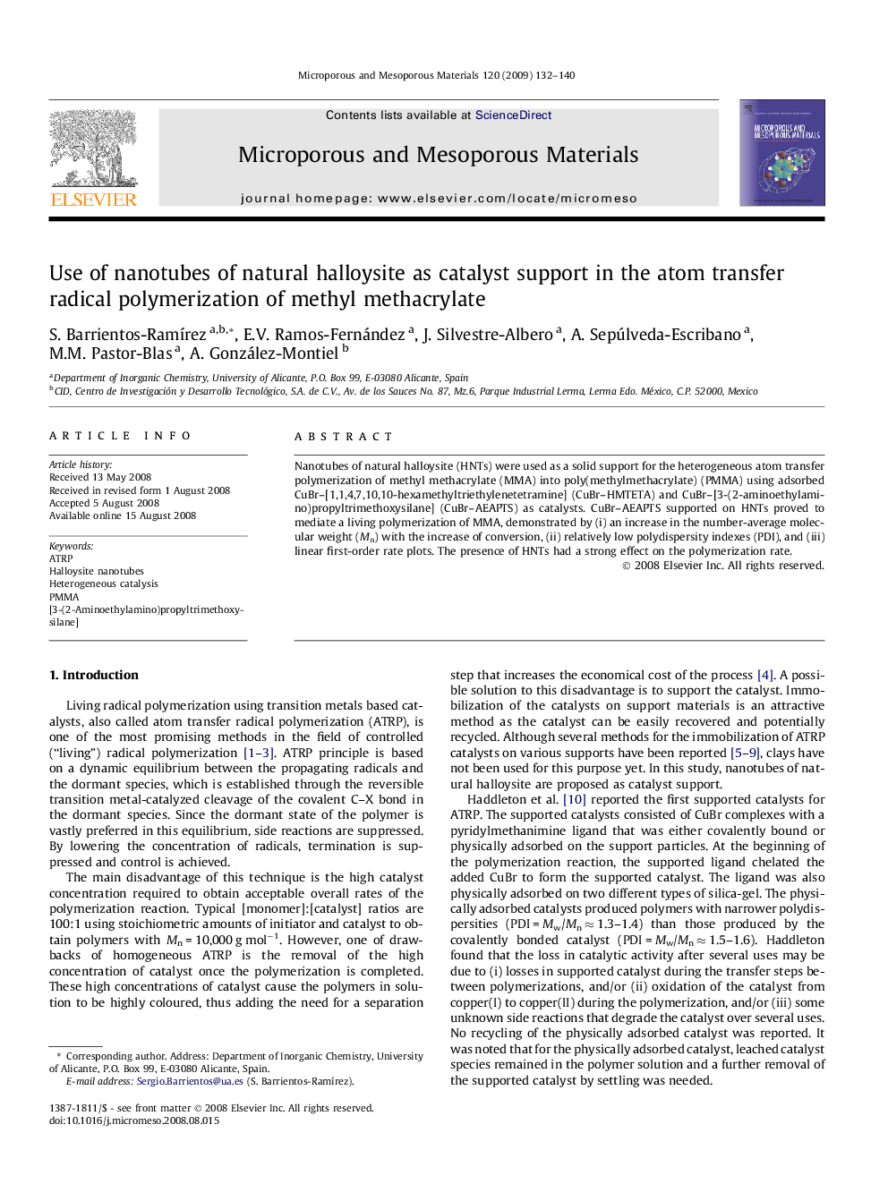 عکس صفحه اول مقاله: Use of nanotubes of natural halloysite as catalyst support in the atom transfer radical polymerization of methyl methacrylate Use of nanotubes of natural halloysite as catalyst support in the atom transfer radical polymerization of methyl methacrylate