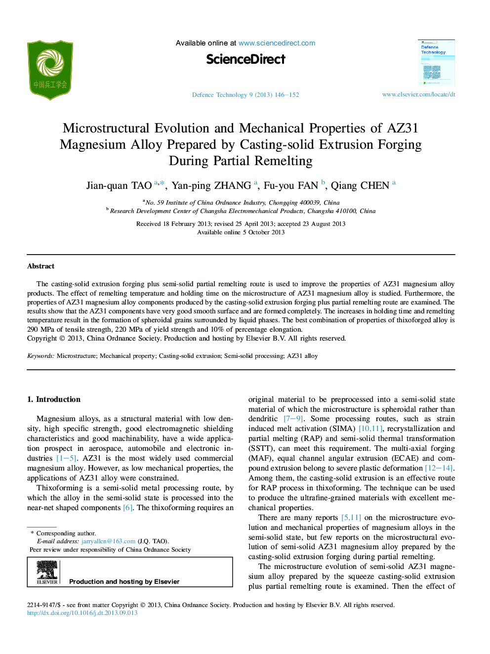 عکس صفحه اول مقاله: Microstructural Evolution and Mechanical Properties of AZ31 Magnesium Alloy Prepared by Casting-solid Extrusion Forging During Partial Remelting Microstructural Evolution and Mechanical Properties of AZ31 Magnesium Alloy Prepared by Casting-solid Extrusion Forging During Partial Remelting