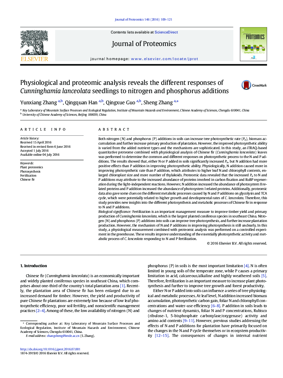 Physiological and proteomic analysis reveals the different responses of Cunninghamia lanceolata seedlings to nitrogen and phosphorus additions