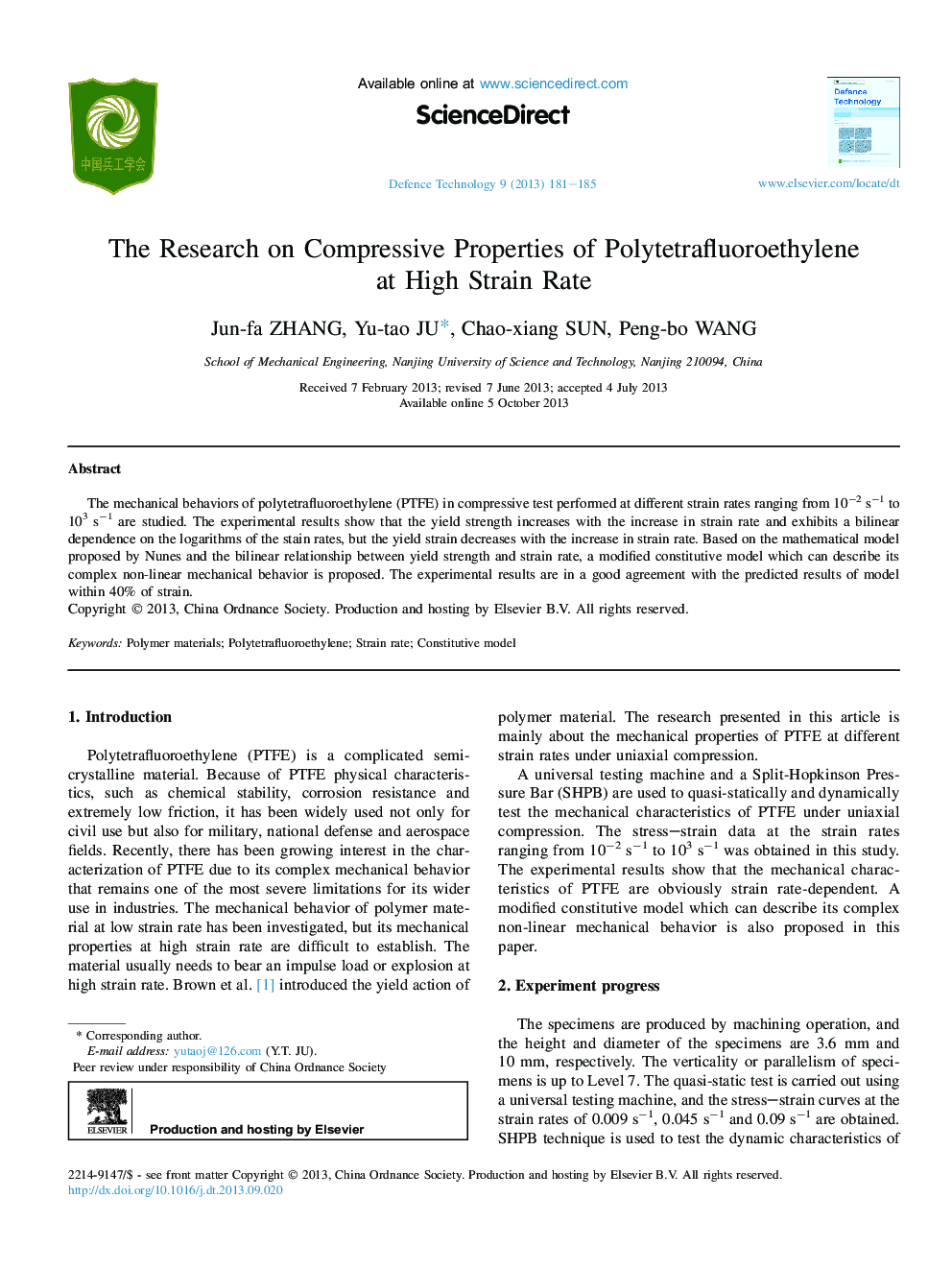 The Research on Compressive Properties of Polytetrafluoroethylene at High Strain Rate 