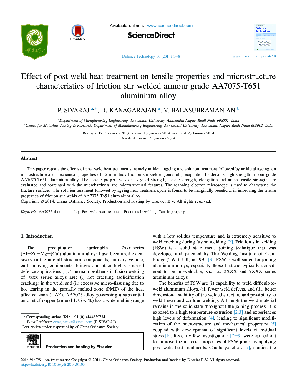 Effect of post weld heat treatment on tensile properties and microstructure characteristics of friction stir welded armour grade AA7075-T651 aluminium alloy 