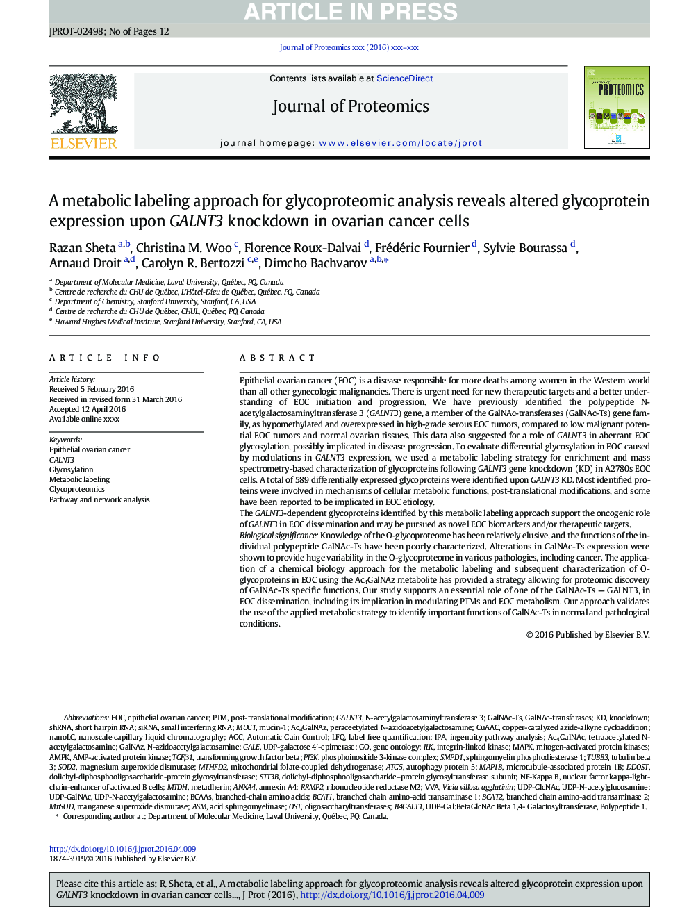 A metabolic labeling approach for glycoproteomic analysis reveals altered glycoprotein expression upon GALNT3 knockdown in ovarian cancer cells