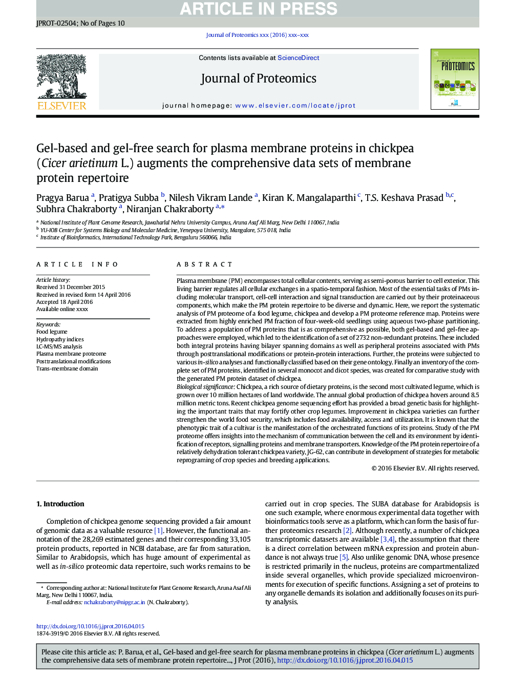 Gel-based and gel-free search for plasma membrane proteins in chickpea (Cicer arietinum L.) augments the comprehensive data sets of membrane protein repertoire