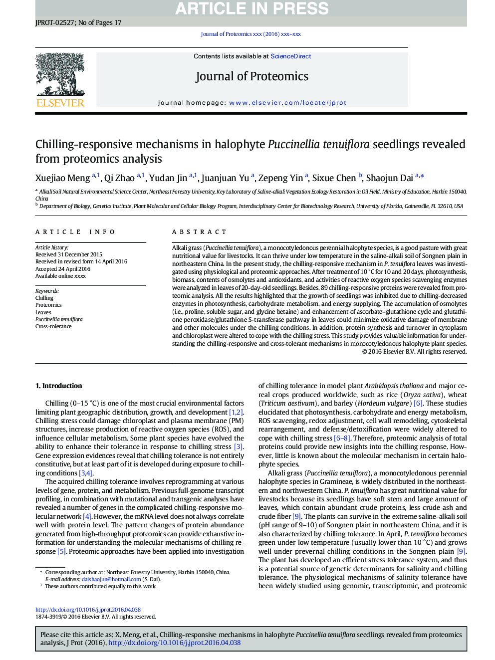 Chilling-responsive mechanisms in halophyte Puccinellia tenuiflora seedlings revealed from proteomics analysis