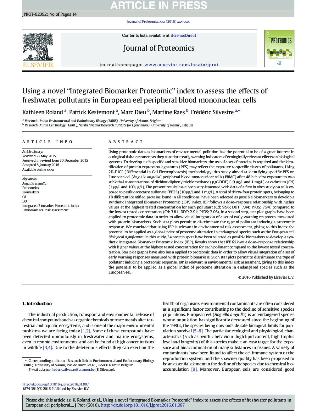 Using a novel “Integrated Biomarker Proteomic” index to assess the effects of freshwater pollutants in European eel peripheral blood mononuclear cells