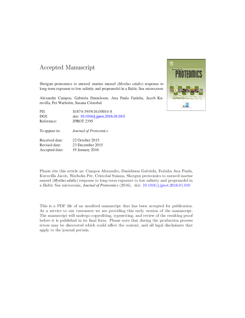 Shotgun proteomics to unravel marine mussel (Mytilus edulis) response to long-term exposure to low salinity and propranolol in a Baltic Sea microcosm