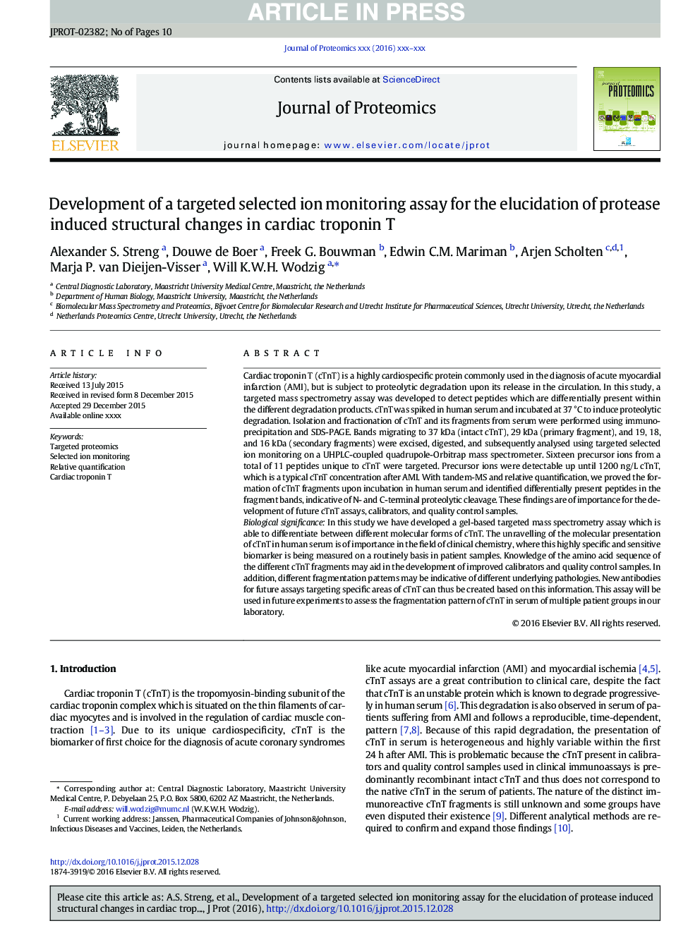 Development of a targeted selected ion monitoring assay for the elucidation of protease induced structural changes in cardiac troponin T