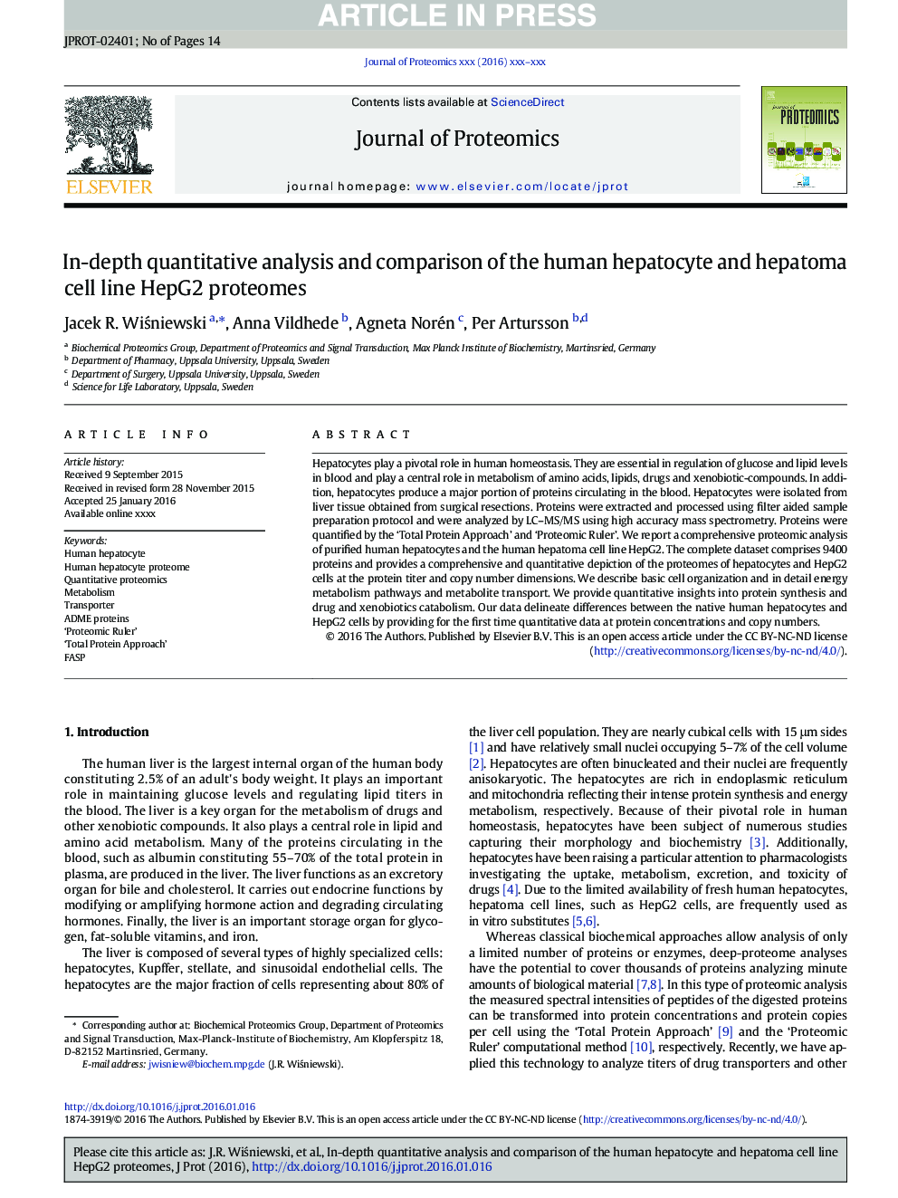 In-depth quantitative analysis and comparison of the human hepatocyte and hepatoma cell line HepG2 proteomes