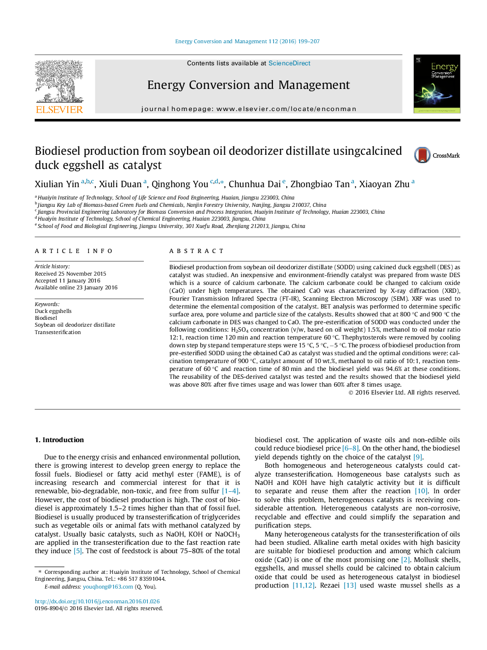 Biodiesel production from soybean oil deodorizer distillate usingcalcined duck eggshell as catalyst