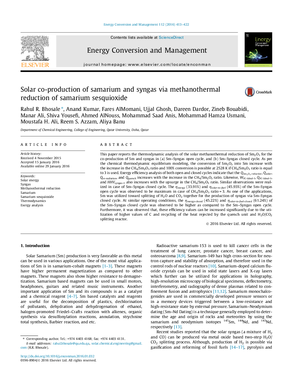 Solar co-production of samarium and syngas via methanothermal reduction of samarium sesquioxide