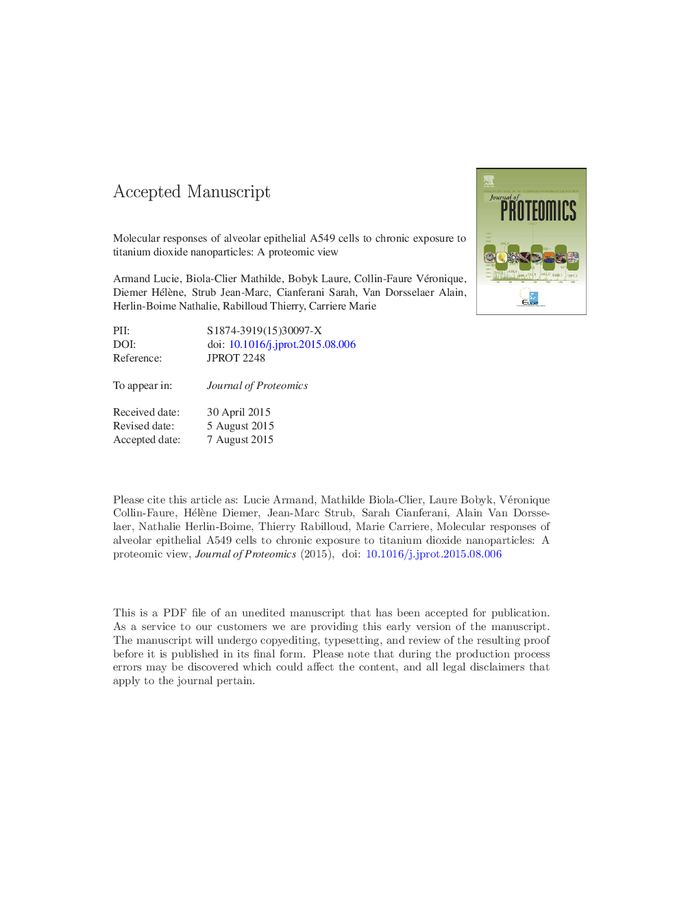 Molecular responses of alveolar epithelial A549 cells to chronic exposure to titanium dioxide nanoparticles: A proteomic view