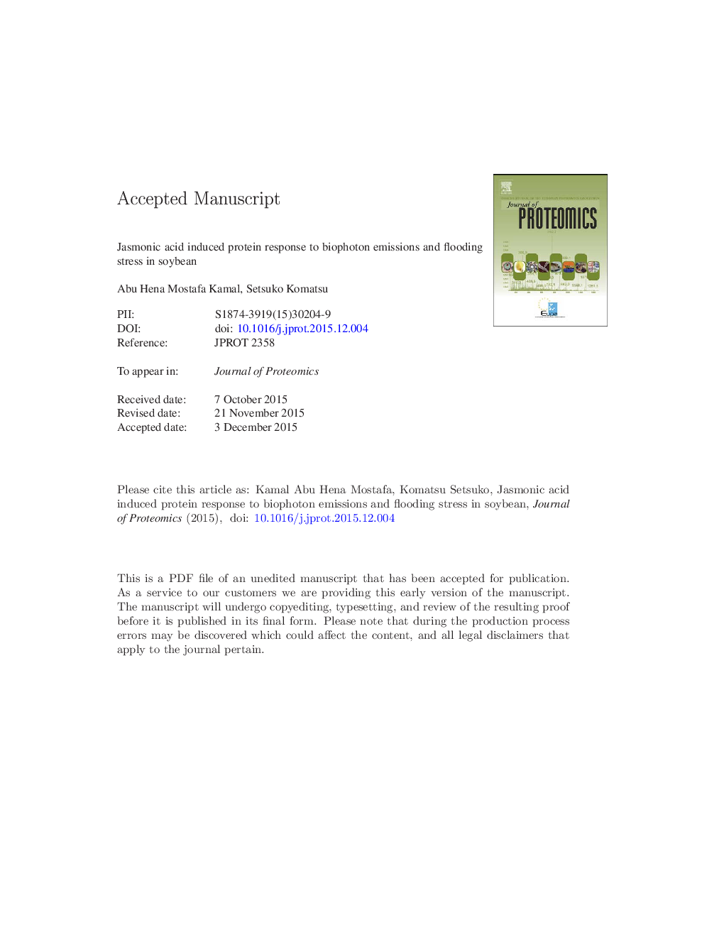 Jasmonic acid induced protein response to biophoton emissions and flooding stress in soybean