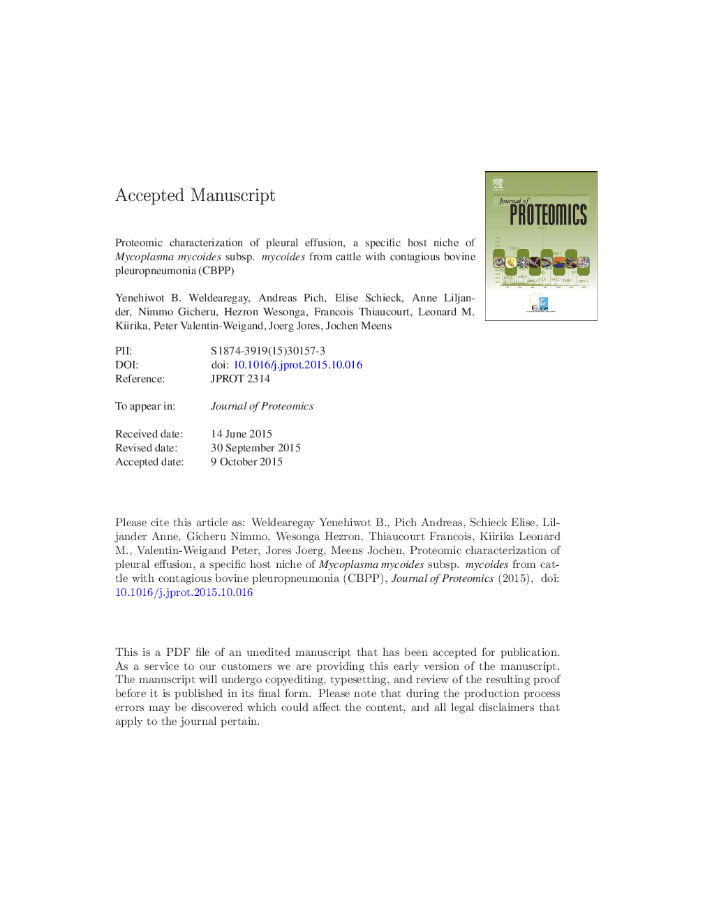 Proteomic characterization of pleural effusion, a specific host niche of Mycoplasma mycoides subsp. mycoides from cattle with contagious bovine pleuropneumonia (CBPP)