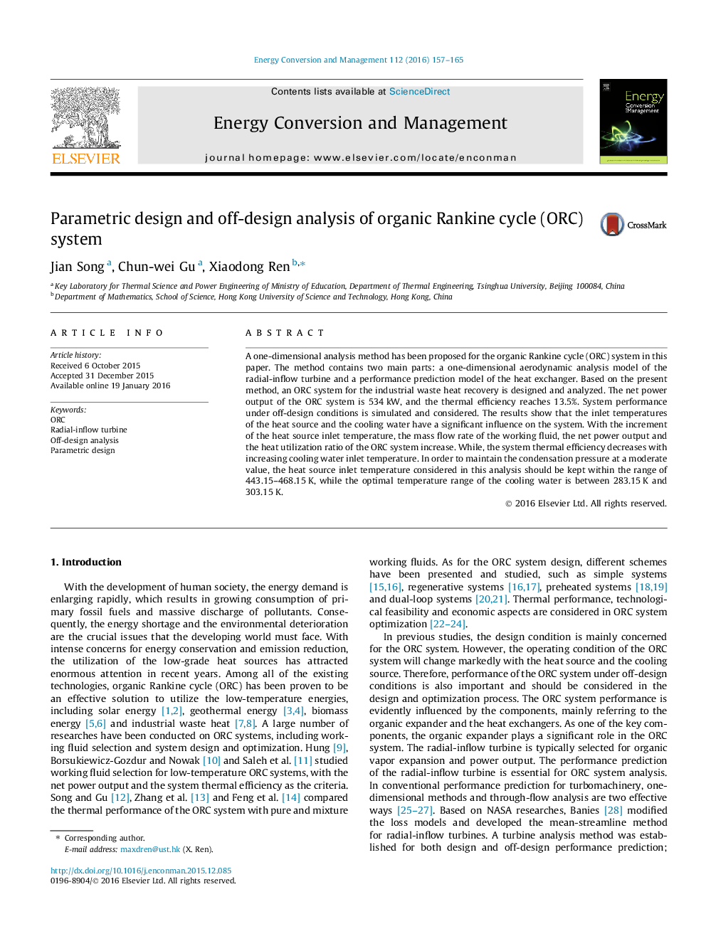 Parametric design and off-design analysis of organic Rankine cycle (ORC) system