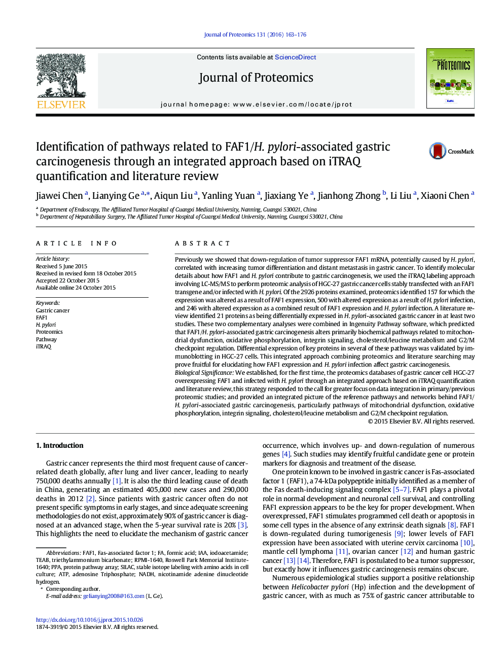 Identification of pathways related to FAF1/H. pylori-associated gastric carcinogenesis through an integrated approach based on iTRAQ quantification and literature review