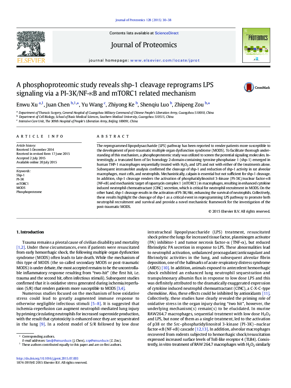 A phosphoproteomic study reveals shp-1 cleavage reprograms LPS signaling via a PI-3K/NF-ÎºB and mTORC1 related mechanism