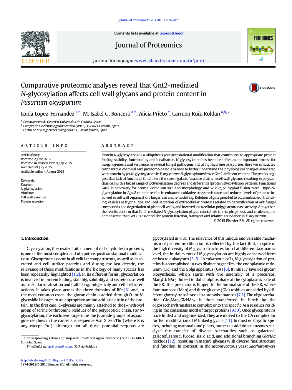 Comparative proteomic analyses reveal that Gnt2-mediated N-glycosylation affects cell wall glycans and protein content in Fusarium oxysporum