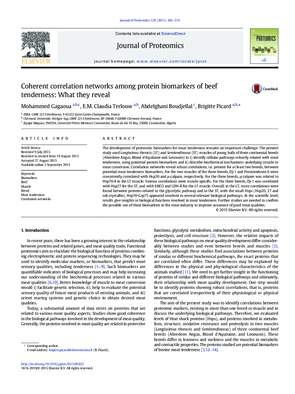 Coherent correlation networks among protein biomarkers of beef tenderness: What they reveal