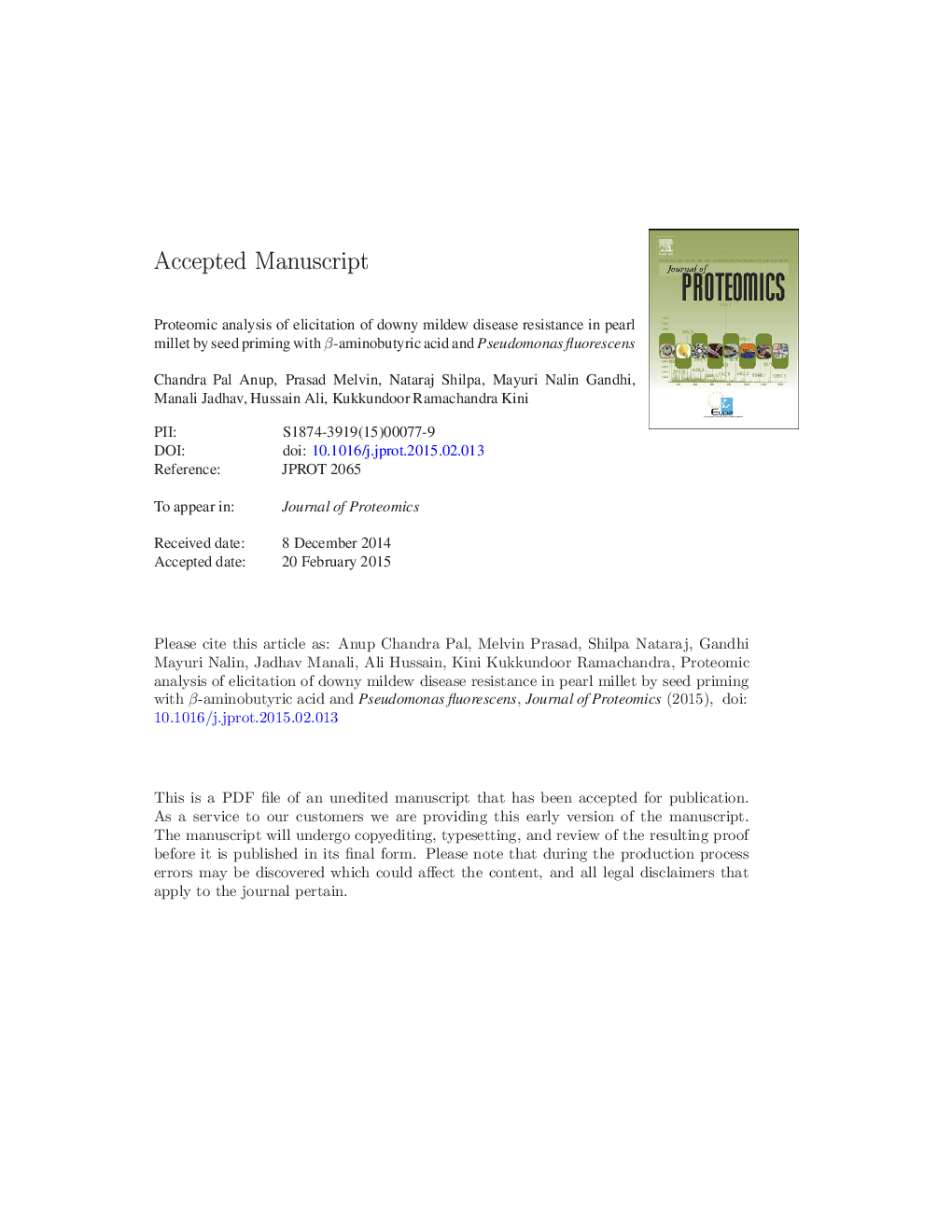 Proteomic analysis of elicitation of downy mildew disease resistance in pearl millet by seed priming with Î²-aminobutyric acid and Pseudomonas fluorescens