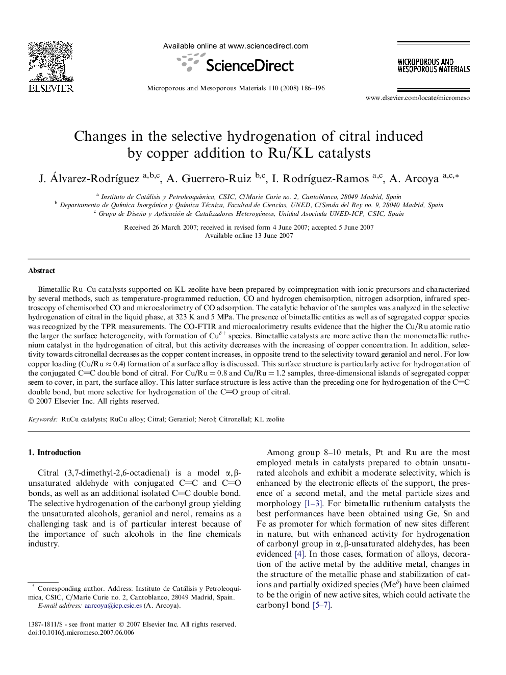 Changes in the selective hydrogenation of citral induced by copper addition to Ru/KL catalysts