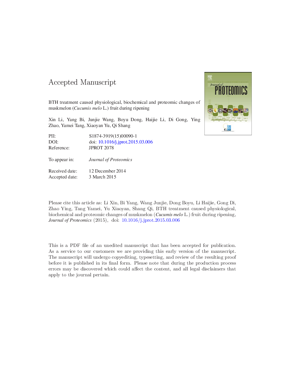 BTH treatment caused physiological, biochemical and proteomic changes of muskmelon (Cucumis melo L.) fruit during ripening