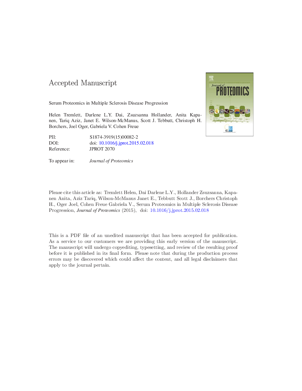 Serum proteomics in multiple sclerosis disease progression