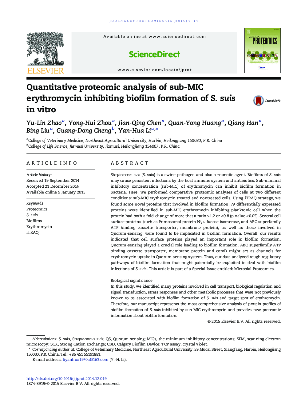 Quantitative proteomic analysis of sub-MIC erythromycin inhibiting biofilm formation of S. suis in vitro