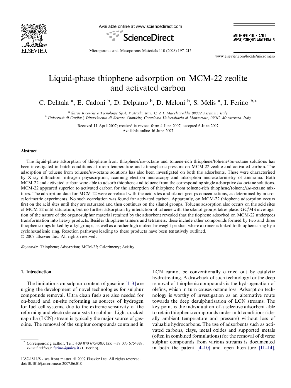 Liquid-phase thiophene adsorption on MCM-22 zeolite and activated carbon