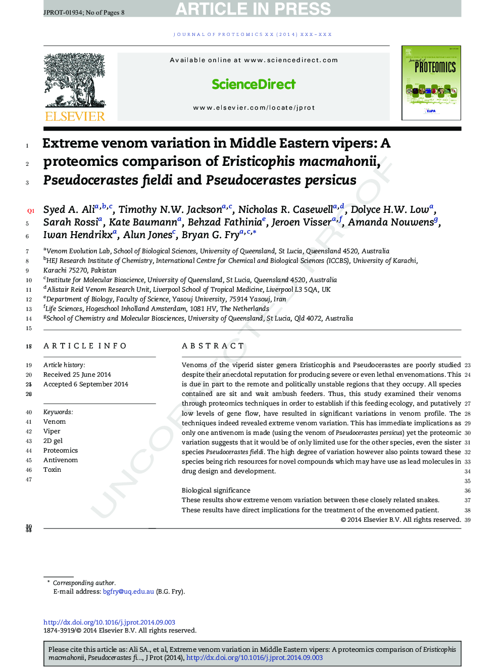 Extreme venom variation in Middle Eastern vipers: A proteomics comparison of Eristicophis macmahonii, Pseudocerastes fieldi and Pseudocerastes persicus