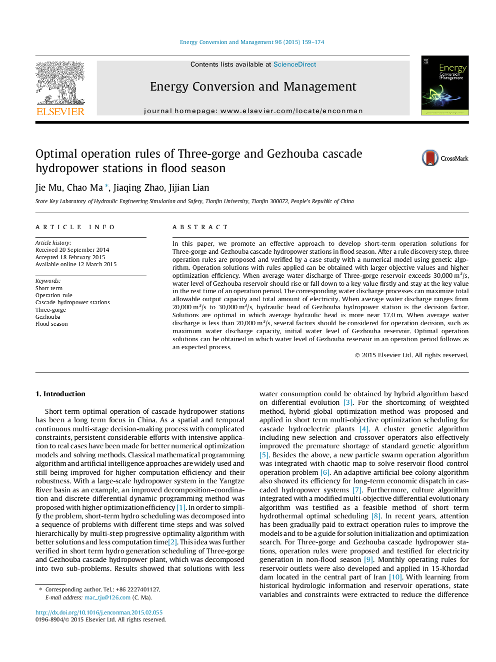 Optimal operation rules of Three-gorge and Gezhouba cascade hydropower stations in flood season