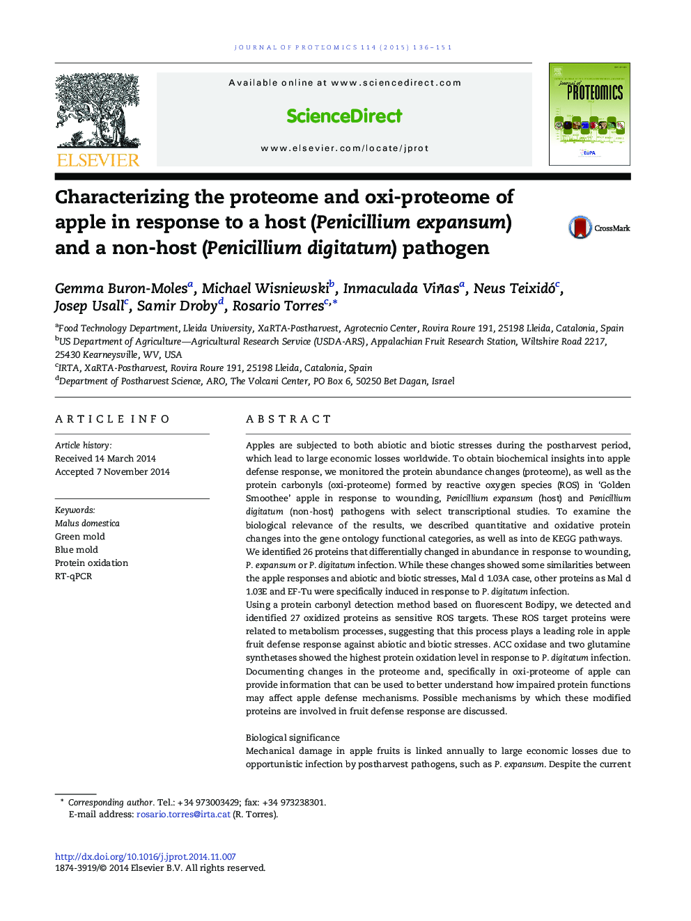 Characterizing the proteome and oxi-proteome of apple in response to a host (Penicillium expansum) and a non-host (Penicillium digitatum) pathogen