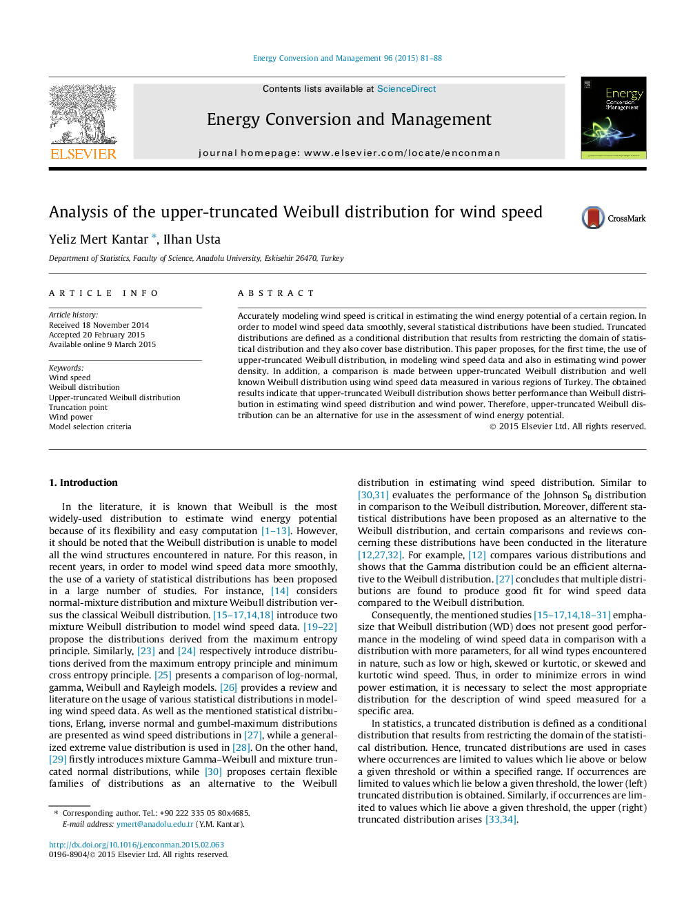 Analysis of the upper-truncated Weibull distribution for wind speed