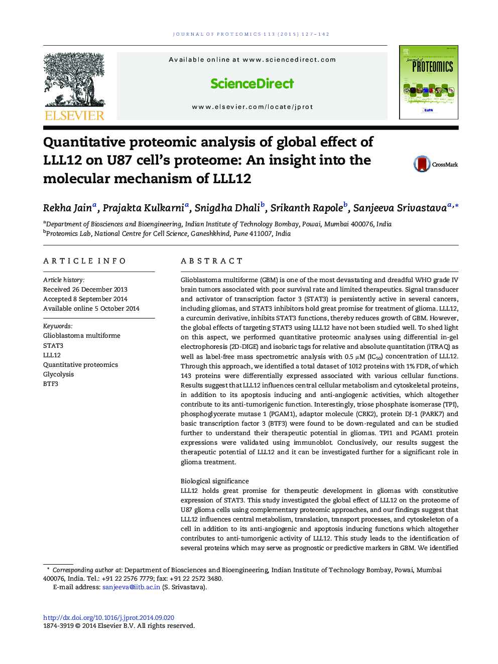 Quantitative proteomic analysis of global effect of LLL12 on U87 cell's proteome: An insight into the molecular mechanism of LLL12