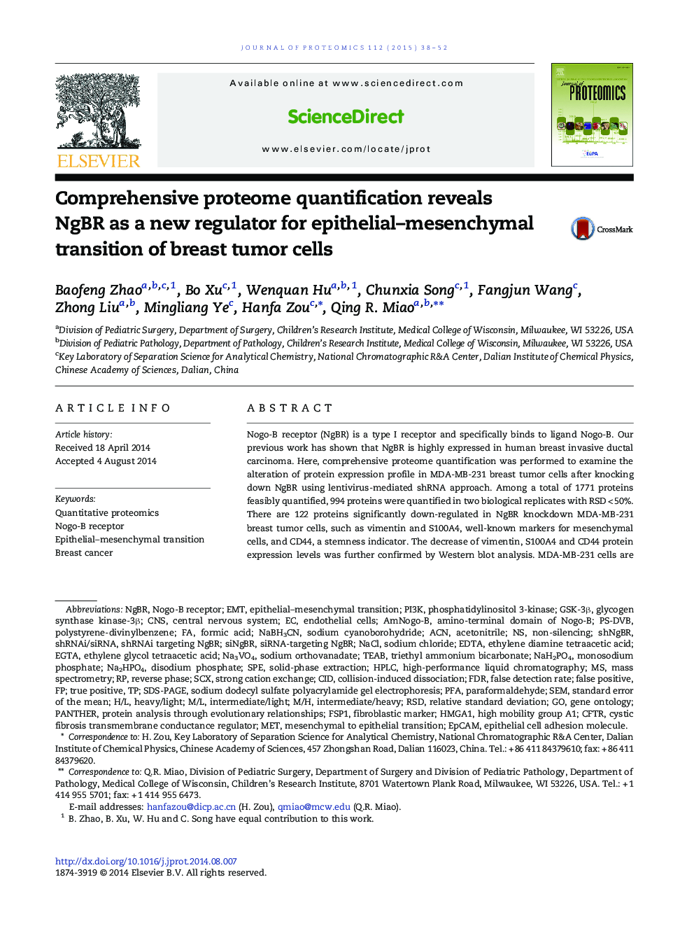 Comprehensive proteome quantification reveals NgBR as a new regulator for epithelial-mesenchymal transition of breast tumor cells