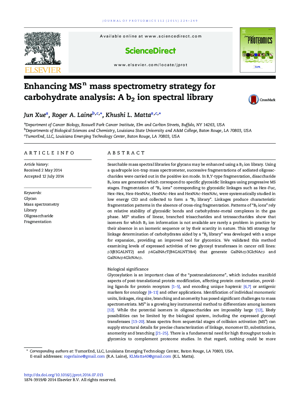 Enhancing MSn mass spectrometry strategy for carbohydrate analysis: A b2 ion spectral library